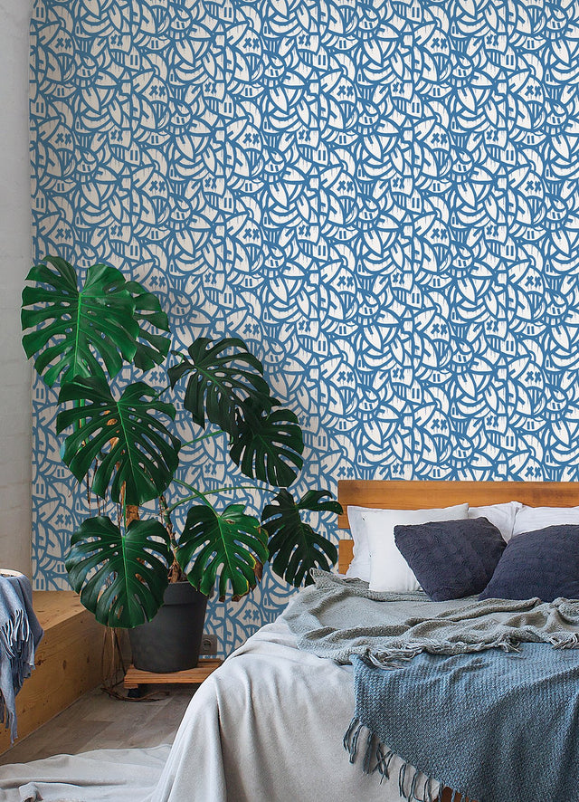 Bold Arrangements Blue Peel & Stick Wallpaper with Abstract Graffiti Motif - Brewster AAS4879