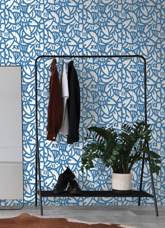 Bold Arrangements Blue Peel & Stick Wallpaper with Abstract Graffiti Motif - Brewster AAS4879