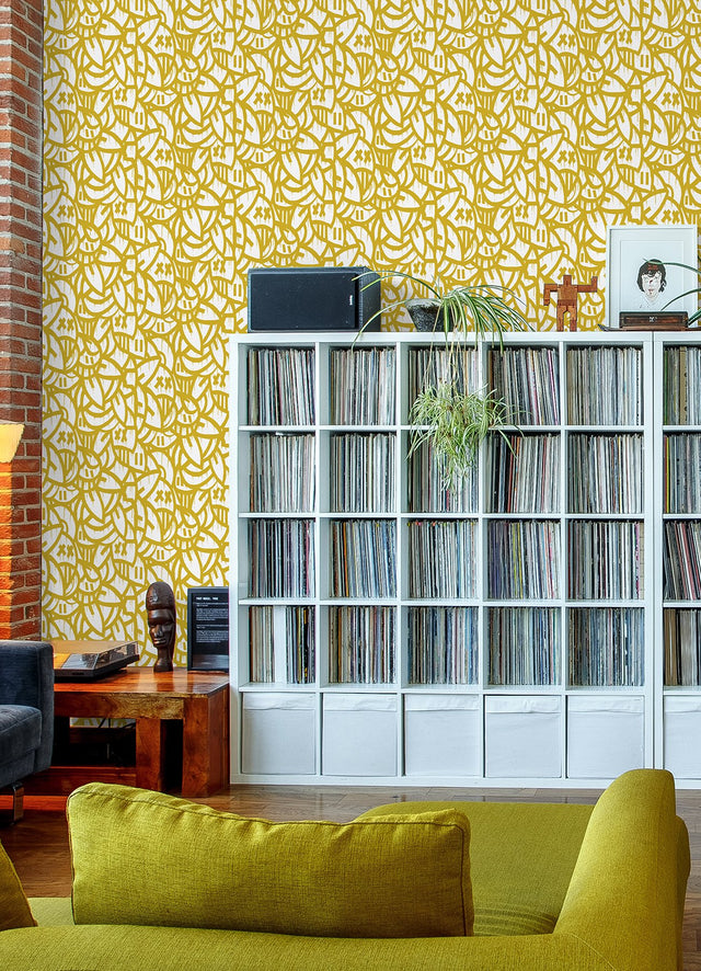 Bold Arrangements Yellow Peel & Stick Wallpaper with Modern Abstract Graffiti Novelty Pattern - NuWallpaper AAS4880