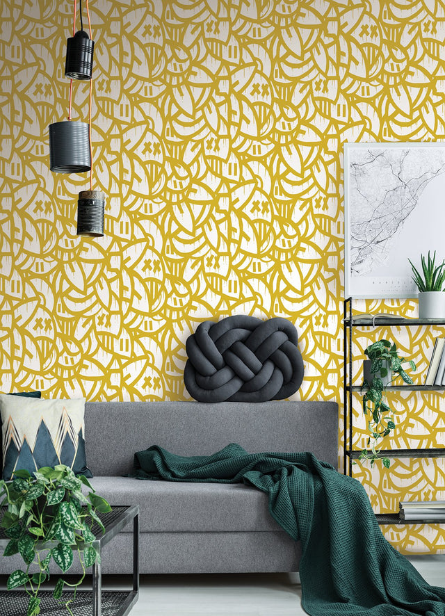 Bold Arrangements Yellow Peel & Stick Wallpaper with Modern Abstract Graffiti Novelty Pattern - NuWallpaper AAS4880
