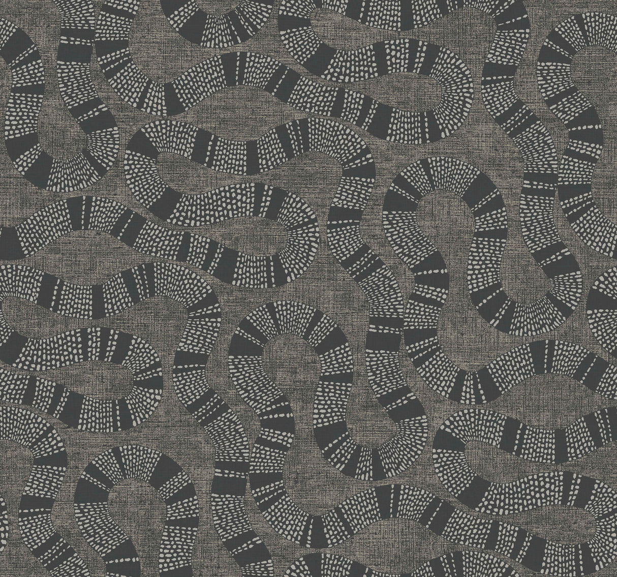 Antonina Vella Ophidia Black wallpaper with serpentine dotted bands on charcoal ground