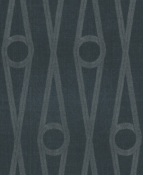 Antonina Vella Henlein Indigo wallpaper with metallic ogee pattern on indigo linen-look ground