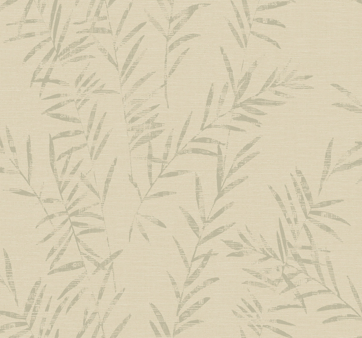 Allerton Bamboo Linen wallpaper detail with bamboo leaf pattern in beige and grey.