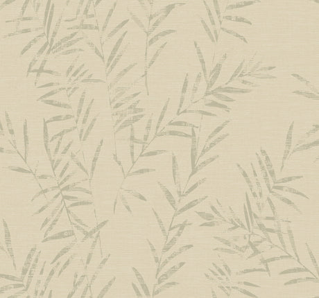 Allerton Bamboo Linen wallpaper detail with bamboo leaf pattern in beige and grey.