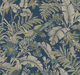 Heronwood Navy Wallpaper by Antonina Vella - Tropical Heron and Botanical Pattern on Navy Background - AB3103