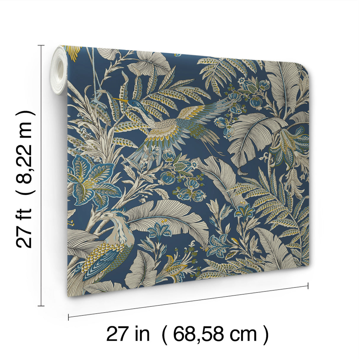 Heronwood Navy by Antonina Vella Richly Illustrated Exotic Tropical Heron and Botanical Traditional Wallpaper - Artifacts Collection - AB3103