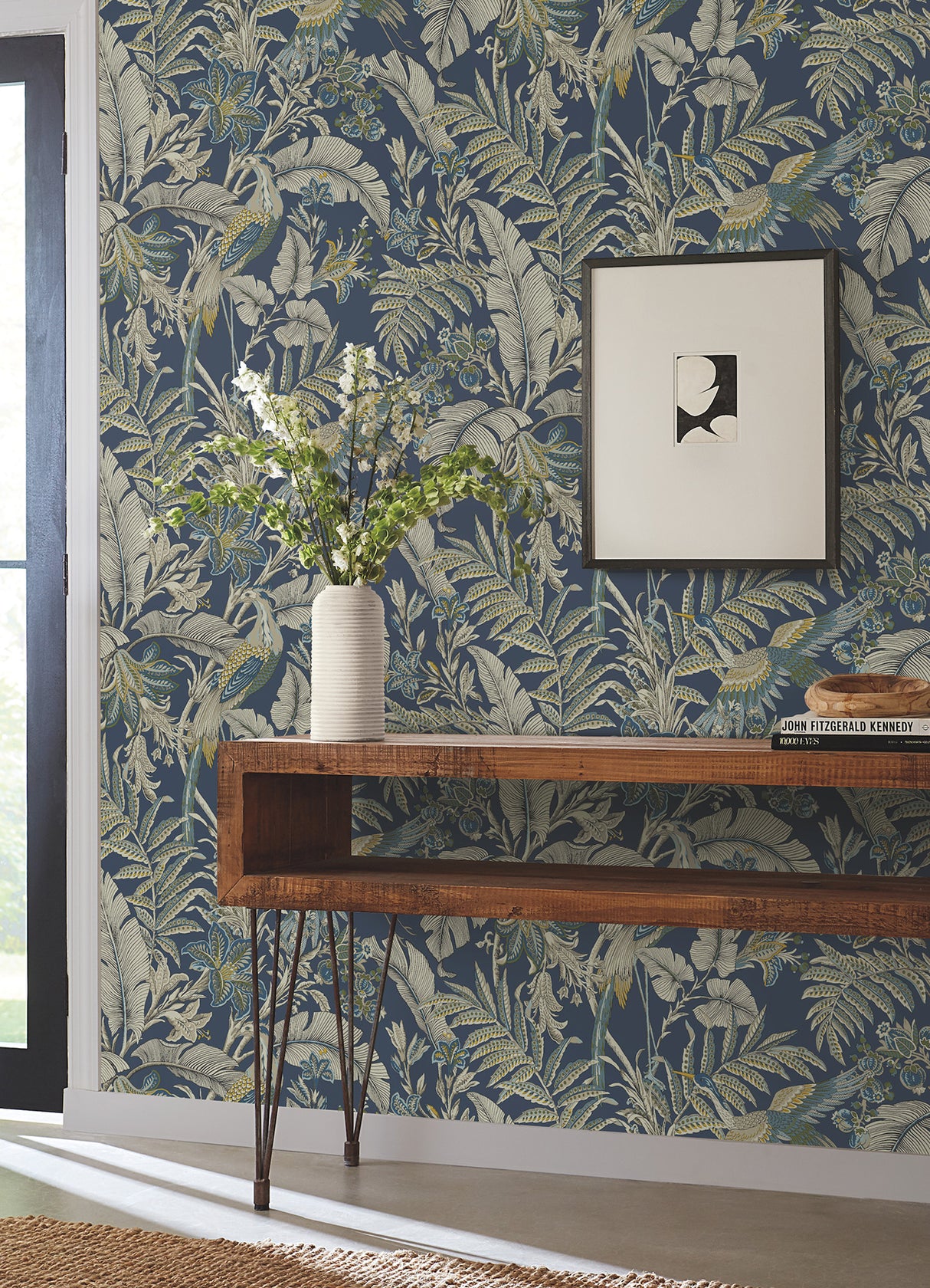 Heronwood Navy by Antonina Vella Richly Illustrated Exotic Tropical Heron and Botanical Traditional Wallpaper - Artifacts Collection - AB3103