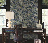 Heronwood Navy by Antonina Vella Richly Illustrated Exotic Tropical Heron and Botanical Traditional Wallpaper - Artifacts Collection - AB3103