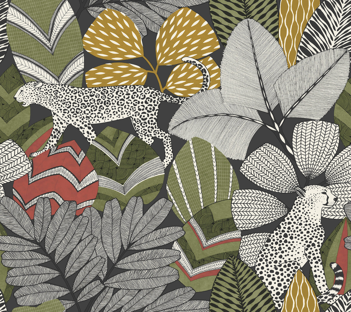 Antonina Vella Namiri Black wallpaper AB3112 with wildcat and tropical leaves