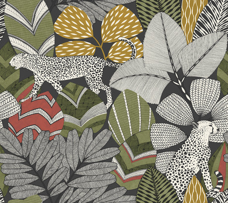 Antonina Vella Namiri Black wallpaper AB3112 with wildcat and tropical leaves