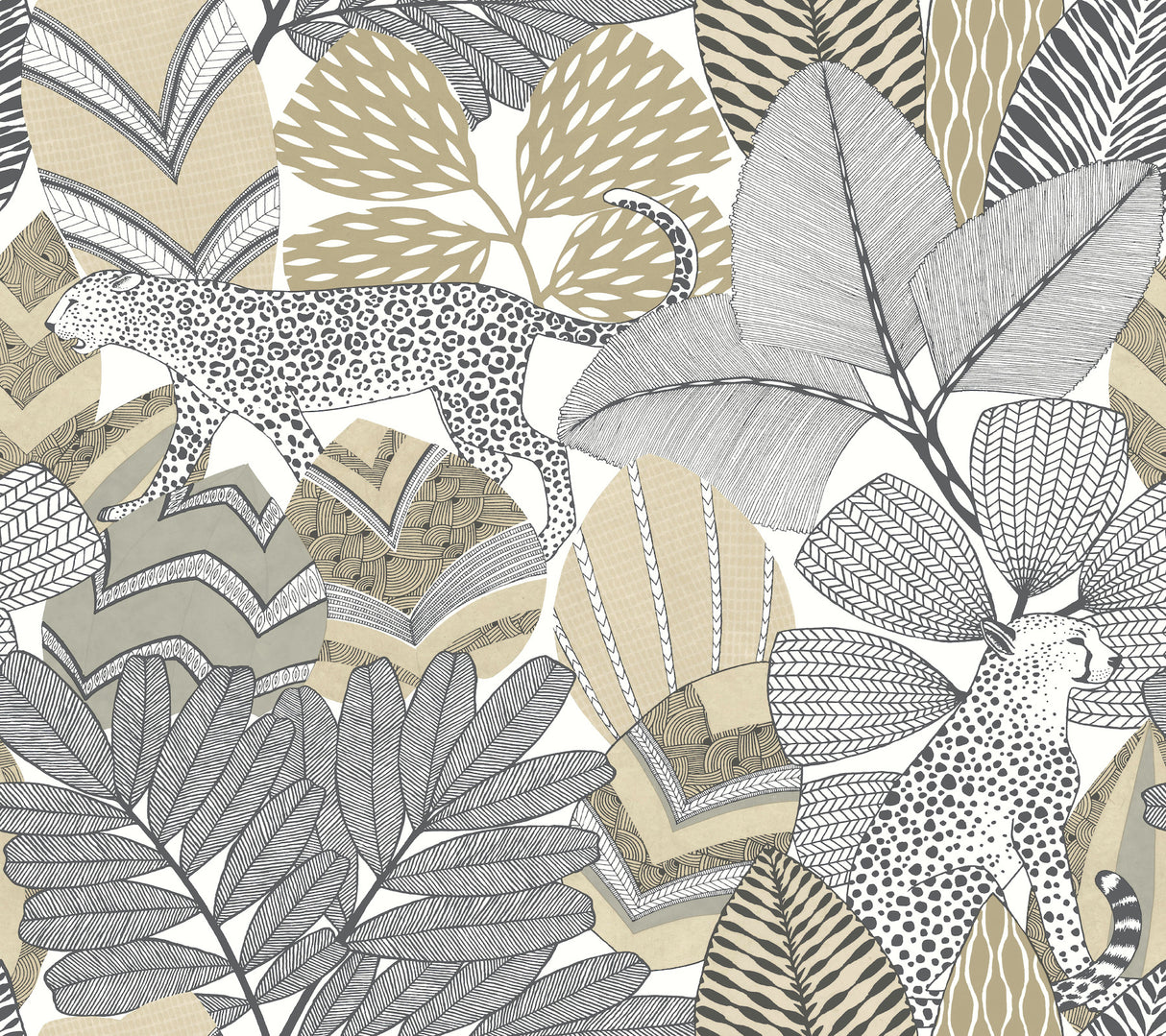 Antonina Vella AB3113 Namiri Neutral Wallpaper with wildcat and tropical leaves
