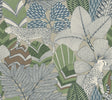 Namiri Blue Wallpaper by Antonina Vella featuring leopards prowling through richly detailed tropical foliage in shades of blue, green, and taupe