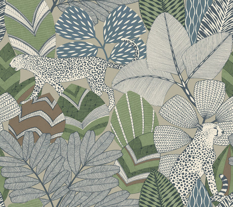 Namiri Blue Wallpaper by Antonina Vella featuring leopards prowling through richly detailed tropical foliage in shades of blue, green, and taupe