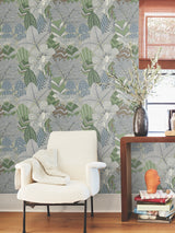 Namiri Blue by Antonina Vella Artifacts Collection Eclectic Tropical Leopard and Lush Foliage Non Woven Wallpaper - AB3115