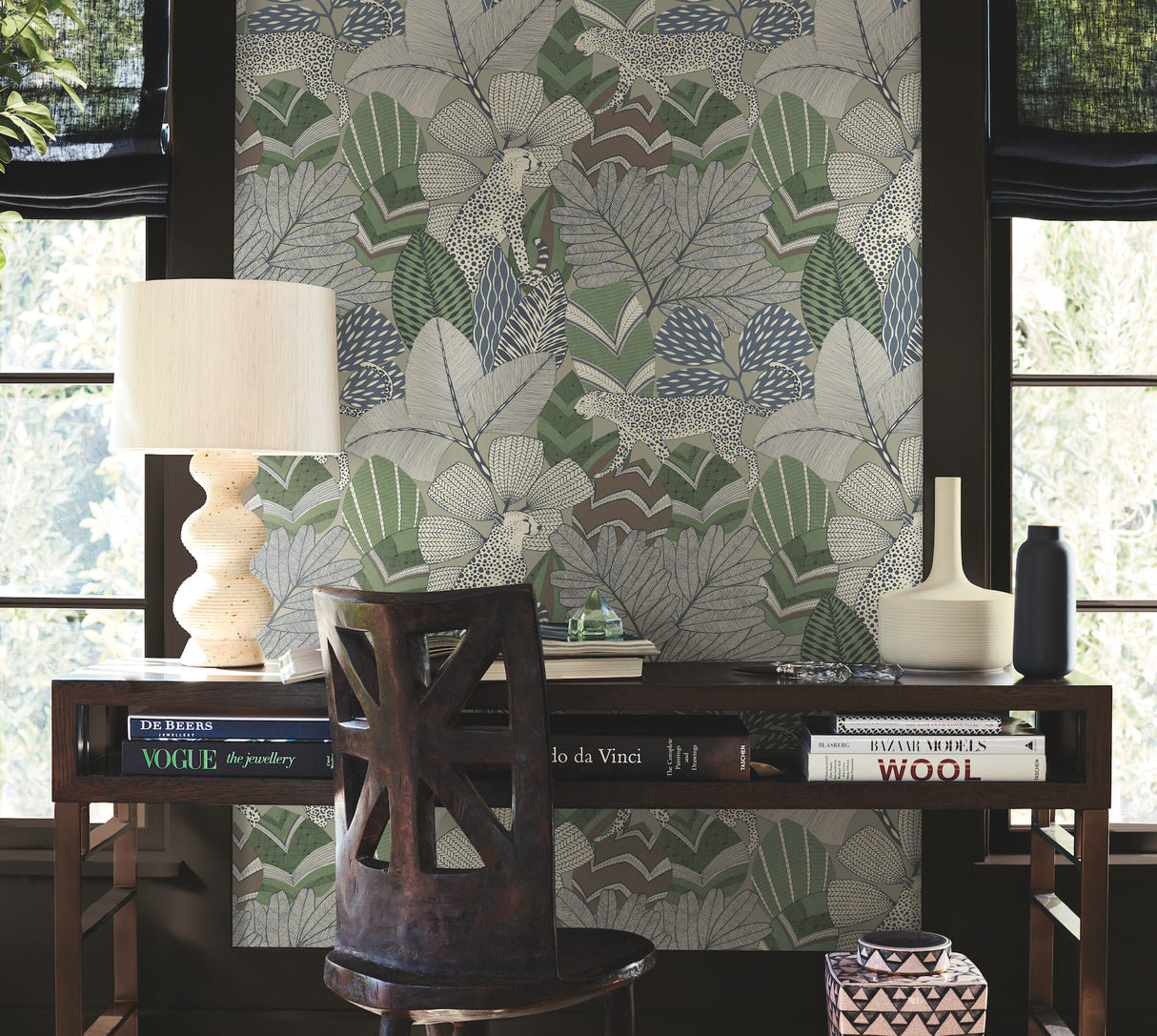 Namiri Blue by Antonina Vella Artifacts Collection Eclectic Tropical Leopard and Lush Foliage Non Woven Wallpaper - AB3115