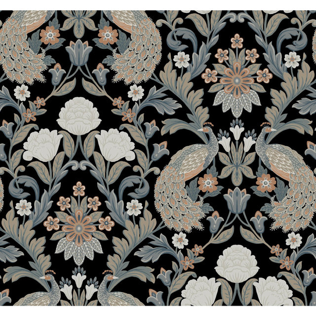 Plume Dynasty Black Wallpaper with Peacock Damask Motif - York AC9101