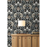 Plume Dynasty Black Wallpaper with Peacock Damask Motif - York AC9101