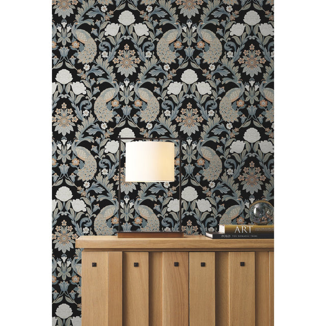 Plume Dynasty Black Wallpaper with Peacock Damask Motif - York AC9101