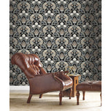 Plume Dynasty Black Wallpaper with Peacock Damask Motif - York AC9101