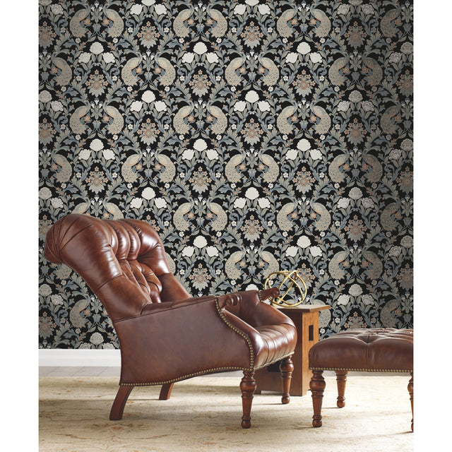 Plume Dynasty Black Wallpaper with Peacock Damask Motif - York AC9101