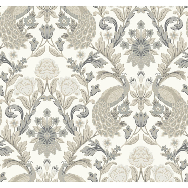 Plume Dynasty White & Neutral Metallic Wallpaper with Peacock Damask Pattern  Unpasted Non Woven, Arts and Crafts Style - York AC9102