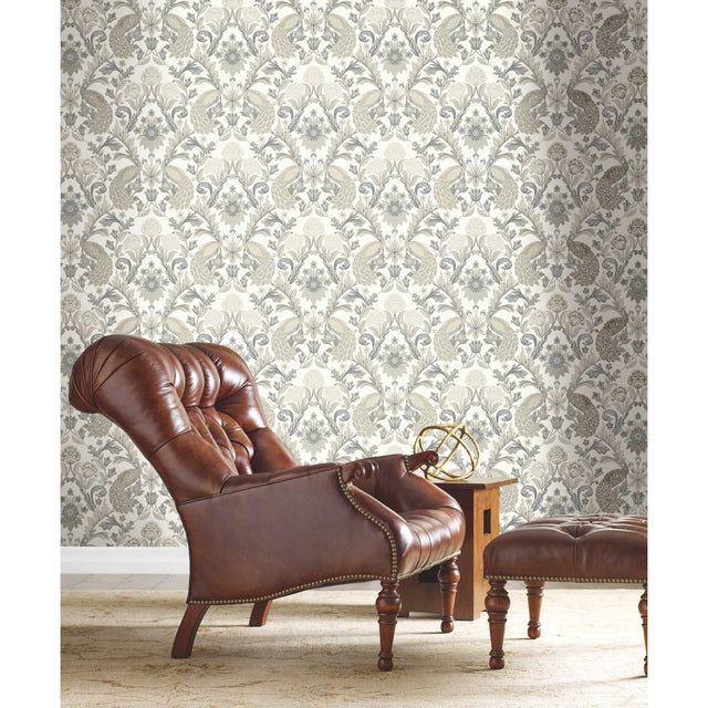 Plume Dynasty White & Neutral Metallic Wallpaper with Peacock Damask Pattern  Unpasted Non Woven, Arts and Crafts Style - York AC9102