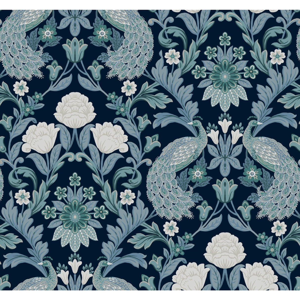 Plume Dynasty Navy Wallpaper with Peacock Damask Motif - York AC9103