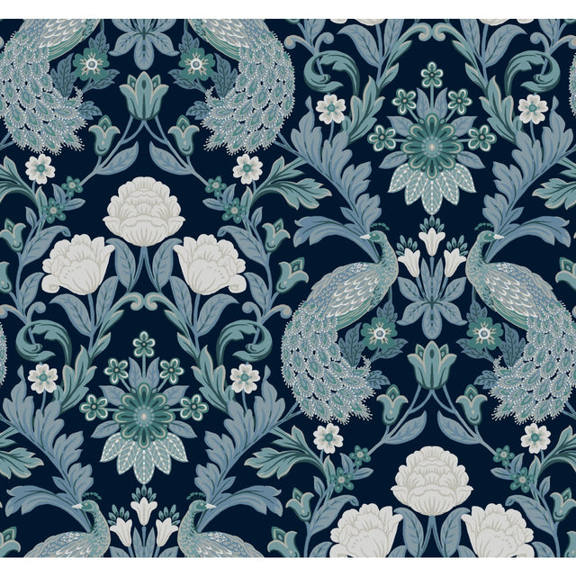Plume Dynasty Navy Wallpaper with Peacock Damask Motif - York AC9103