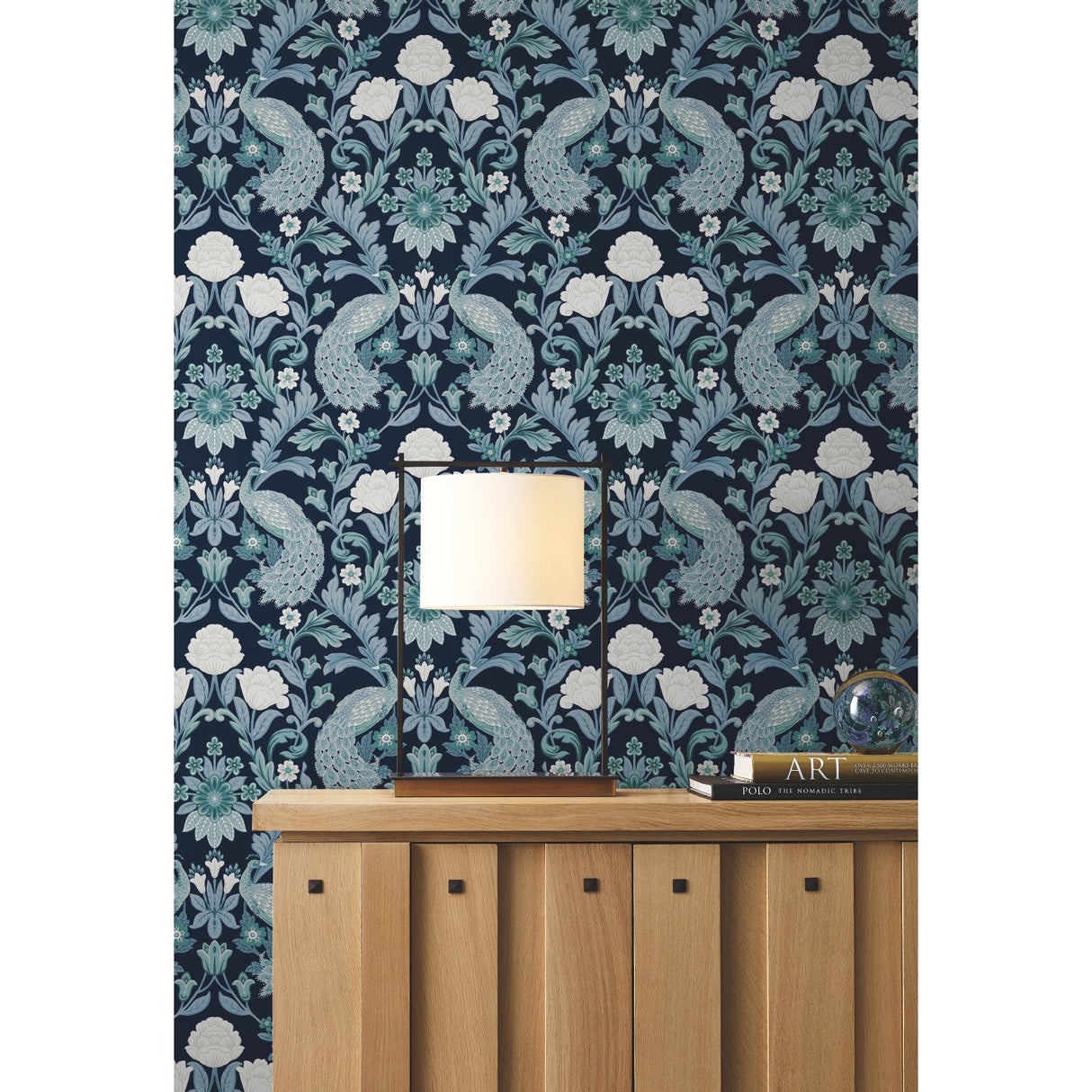 Plume Dynasty Navy Wallpaper with Peacock Damask Motif - York AC9103