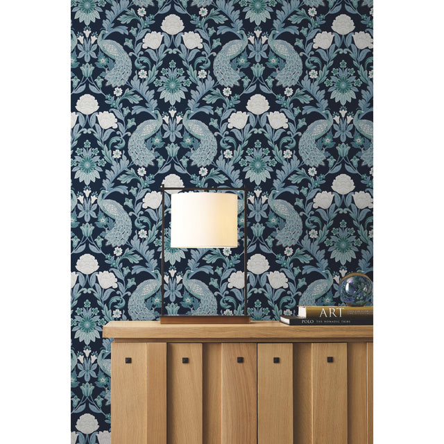Plume Dynasty Navy Wallpaper with Peacock Damask Motif - York AC9103