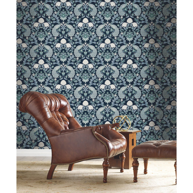 Plume Dynasty Navy Wallpaper with Peacock Damask Motif - York AC9103