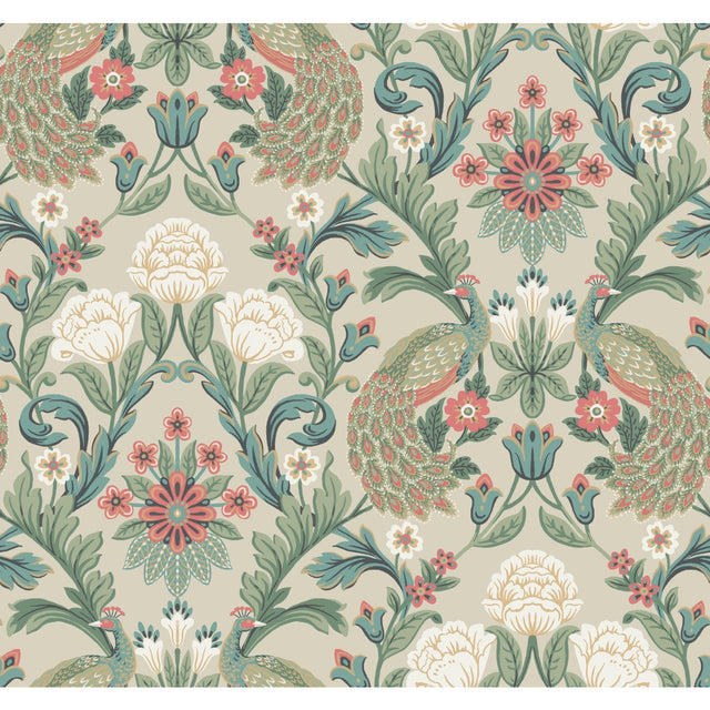 Plume Dynasty Taupe Wallpaper with Peacock Damask Motif - York AC9104