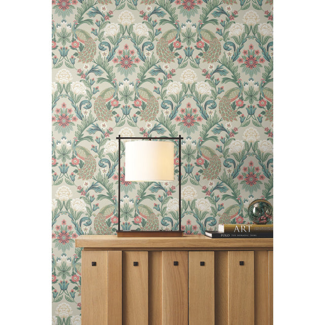 Plume Dynasty Taupe Wallpaper with Peacock Damask Motif - York AC9104
