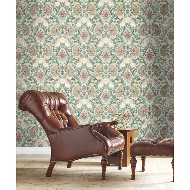 Plume Dynasty Taupe Wallpaper with Peacock Damask Motif - York AC9104