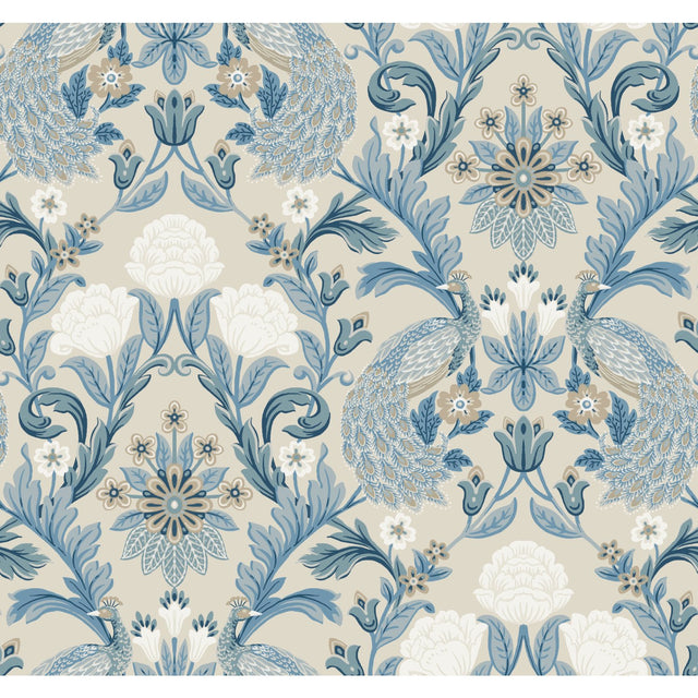 Plume Dynasty Neutral & Blue Wallpaper with Damask Peacock and Acanthus Motif - York AC9105