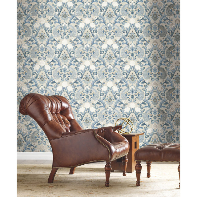 Plume Dynasty Neutral & Blue Wallpaper with Damask Peacock and Acanthus Motif - York AC9105