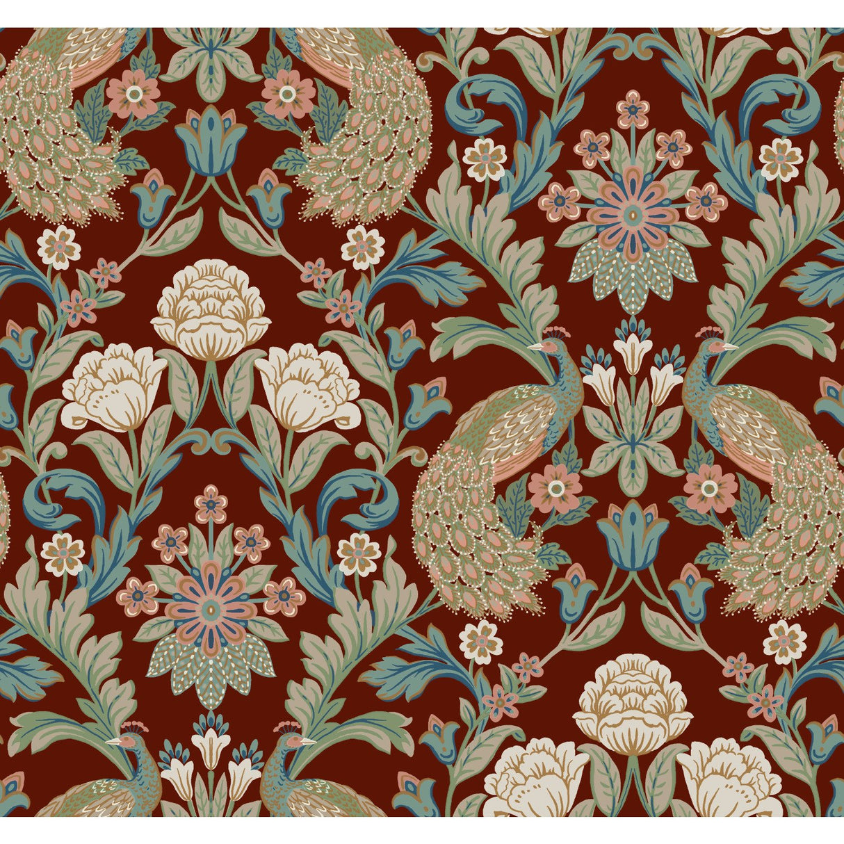 Plume Dynasty Red Metallic Wallpaper with Peacock Damask Motif - York AC9106