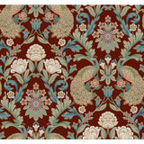 Plume Dynasty Red Metallic Wallpaper with Peacock Damask Motif - York AC9106