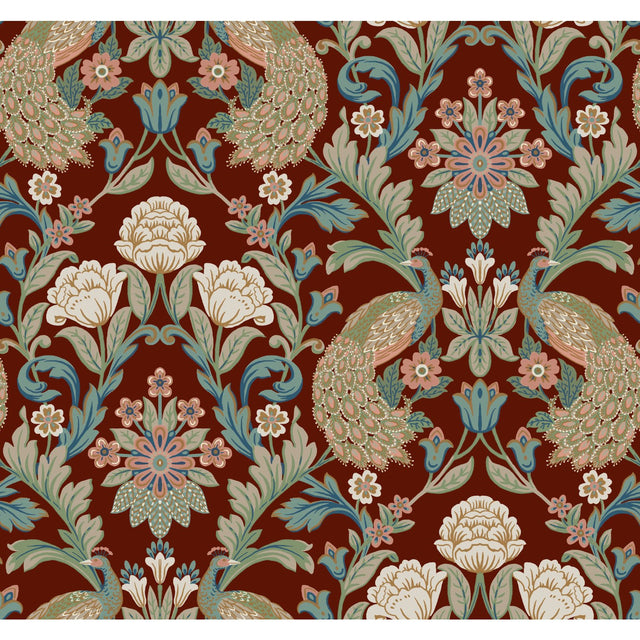 Plume Dynasty Red Metallic Wallpaper with Peacock Damask Motif - York AC9106