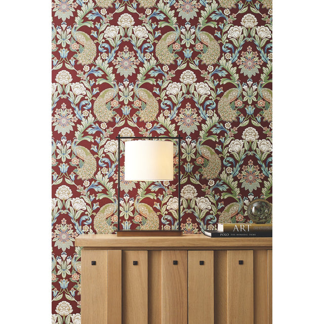 Plume Dynasty Red Metallic Wallpaper with Peacock Damask Motif - York AC9106