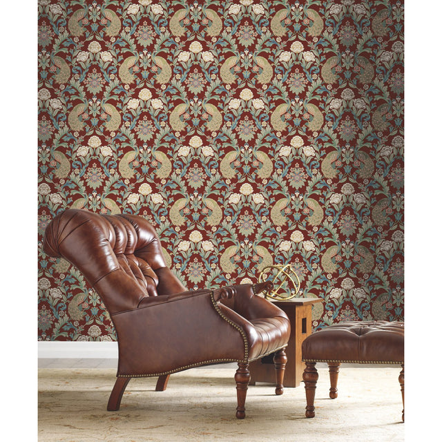 Plume Dynasty Red Metallic Wallpaper with Peacock Damask Motif - York AC9106
