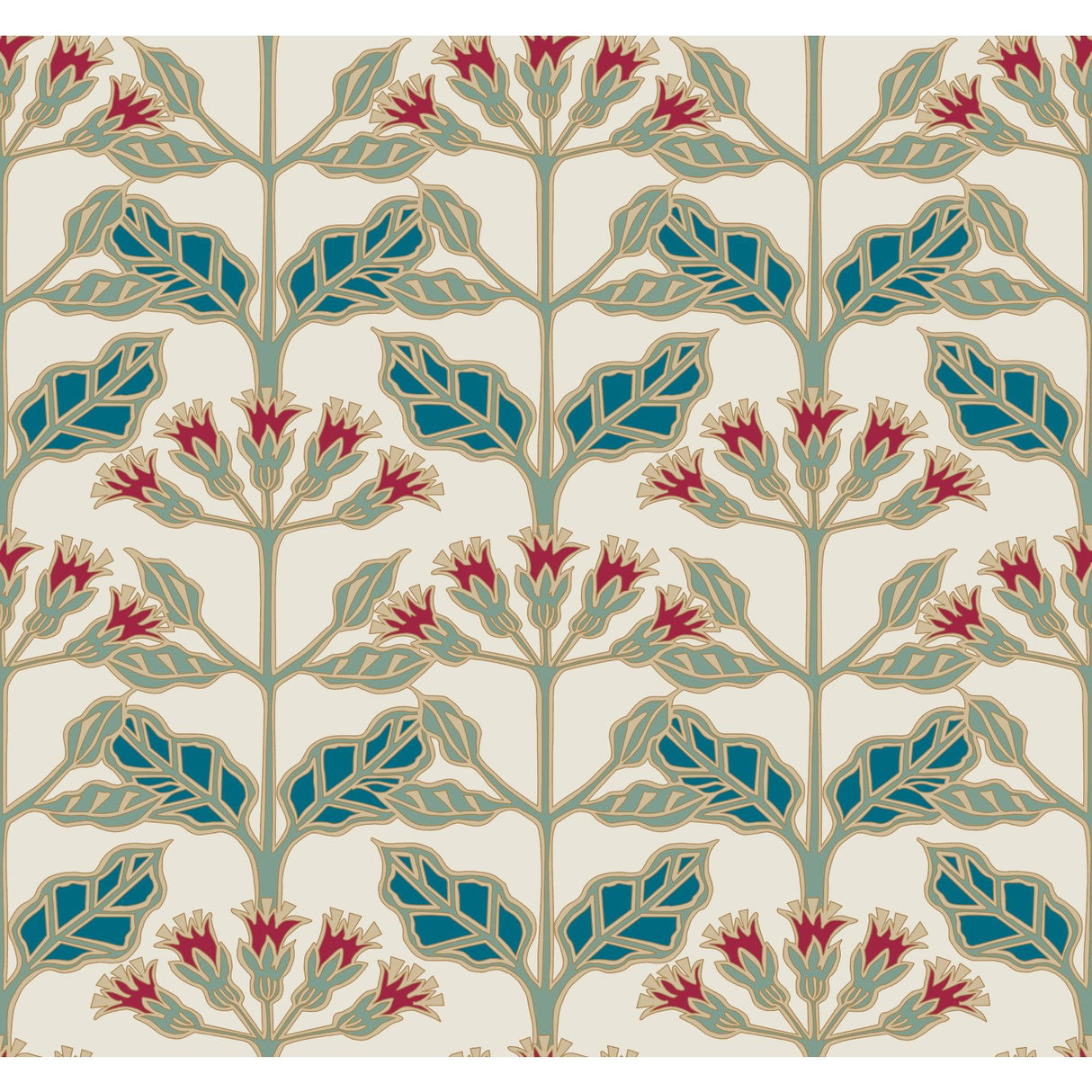 Tracery Blooms Cream Metallic Wallpaper with Arts and Crafts Floral Motif - York AC9111