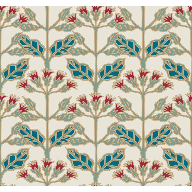Tracery Blooms Cream Metallic Wallpaper with Arts and Crafts Floral Motif - York AC9111