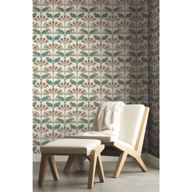 Tracery Blooms Cream Metallic Wallpaper with Arts and Crafts Floral Motif - York AC9111