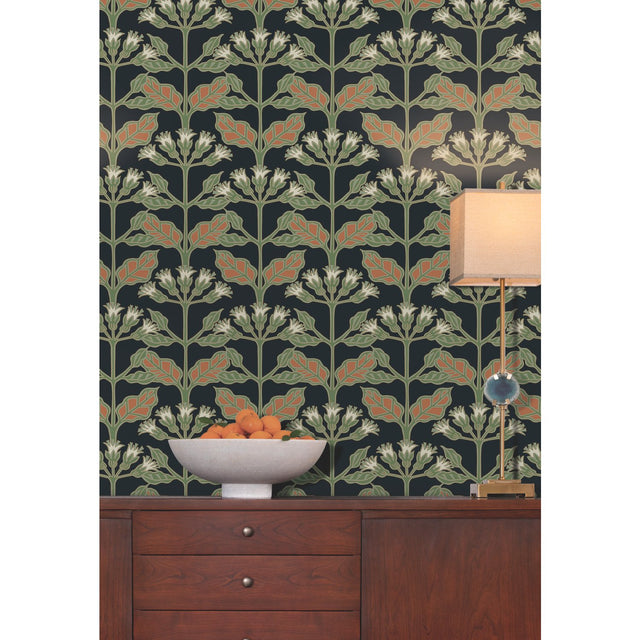 Tracery Blooms Black Metallic Wallpaper with Arts and Crafts Floral Pattern - York AC9113