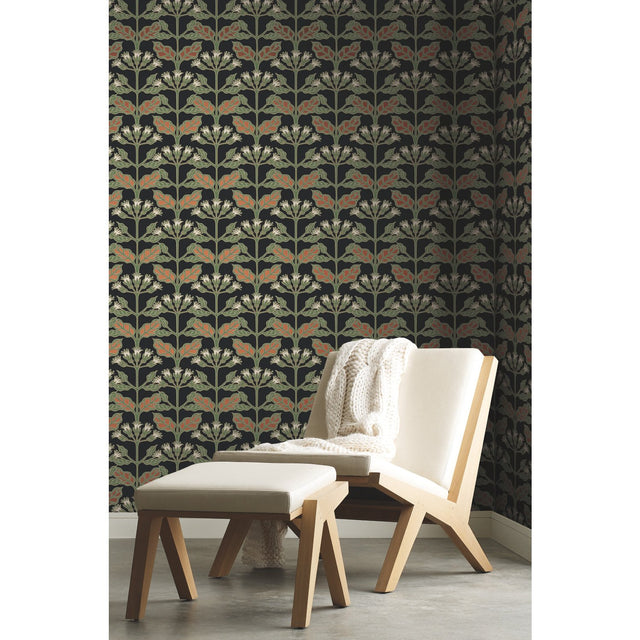 Tracery Blooms Black Metallic Wallpaper with Arts and Crafts Floral Pattern - York AC9113