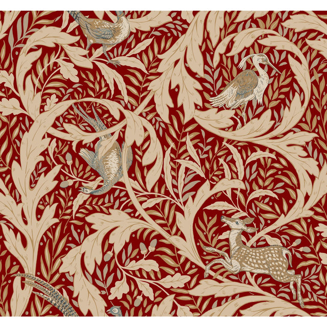 Woodland Tapestry Red Metallic Wallpaper with Botanical Deer and Birds Motif - York AC9121