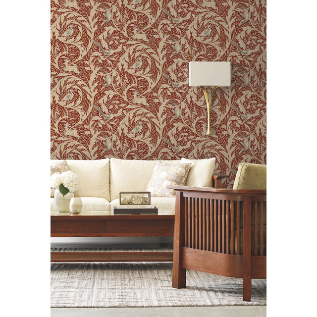 Woodland Tapestry Red Metallic Wallpaper with Botanical Deer and Birds Motif - York AC9121