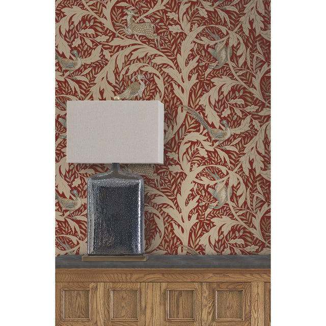 Woodland Tapestry Red Metallic Wallpaper with Botanical Deer and Birds Motif - York AC9121