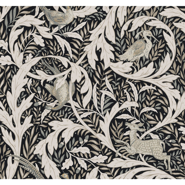Woodland Tapestry Black Wallpaper with Botanical Animals Motif - York AC9122
